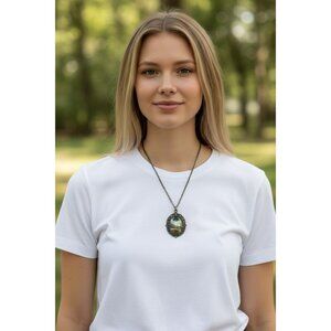 Vintage Cosmic Pendant Necklace 24" – Swirling Galaxy Cabochon, Ornate Frame, Gi